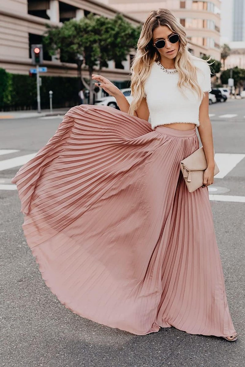 ebossy Women's High Waist Flowy Pleated Chiffon Maxi Skirt (Large, Pink) - Image 2